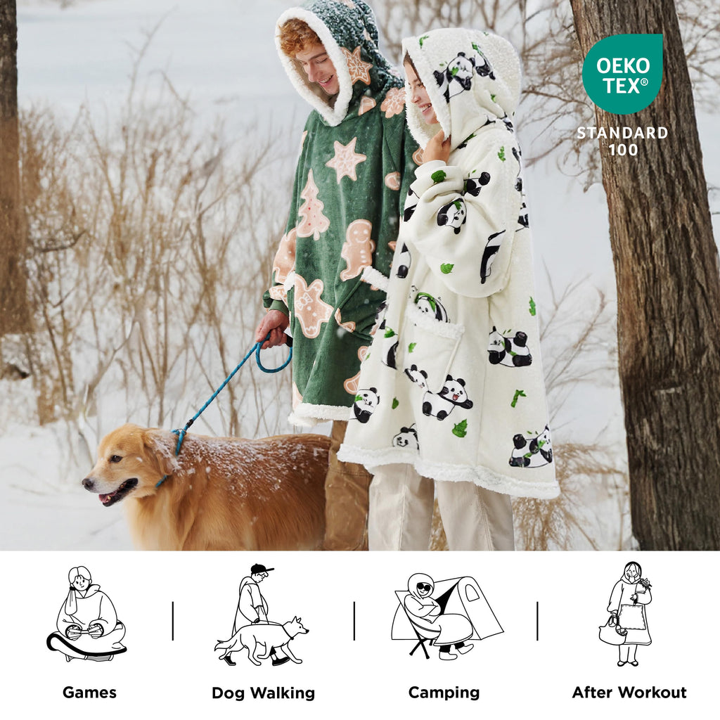 Bedsure Wearable Blanket Hoodie, Sherpa Hooded Blanket Printed for Adult & Kids as Gifts for Women, Mom Gifts Sherpa Hoodie, Standard, Gingerbread, Olive Green
