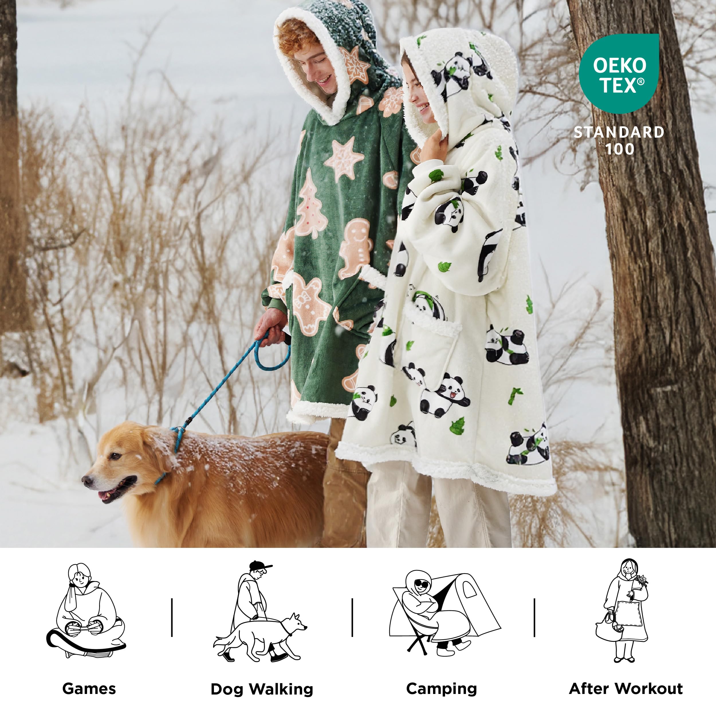 Bedsure Wearable Blanket Hoodie, Sherpa Hooded Blanket Printed for Adult & Kids as Gifts for Women, Mom Gifts Sherpa Hoodie, Standard, Gingerbread, Olive Green