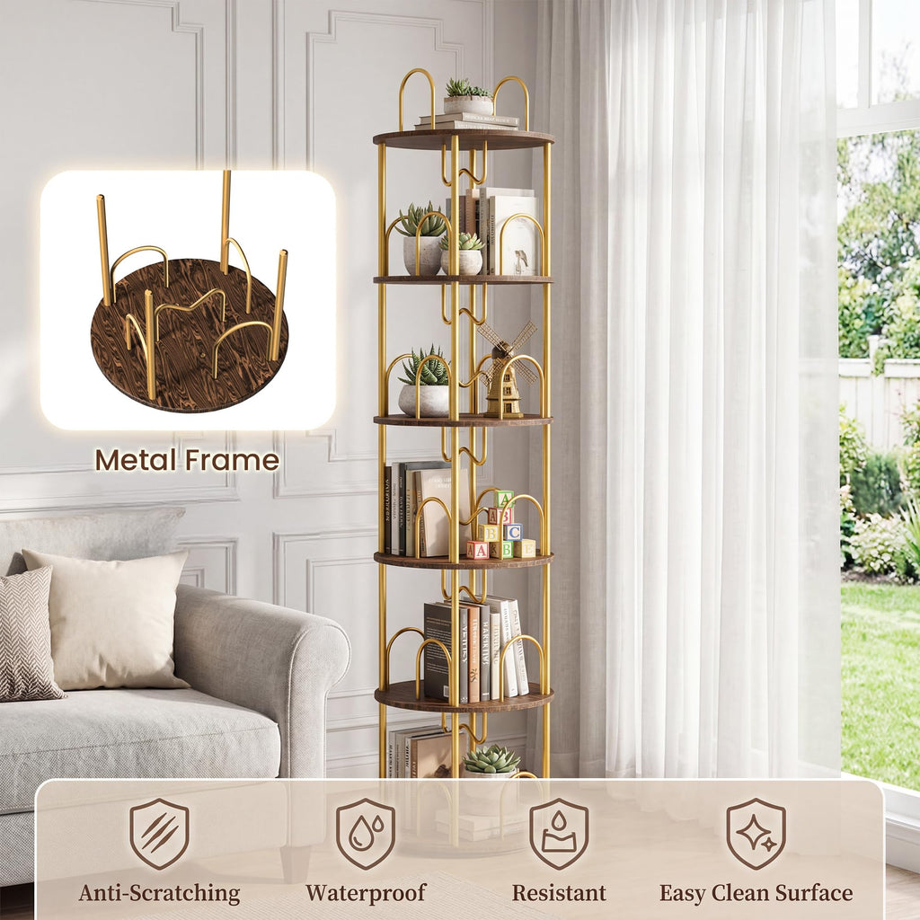 Merkisa 5 Tier Rotating Bookshelf, 360° Spinning Bookshelf Tower, Narrow Corner Book Shelf, Revolving Bookcase Corner Tall Book Shelf for Small Spaces, Bedroom, Living Room, Gold