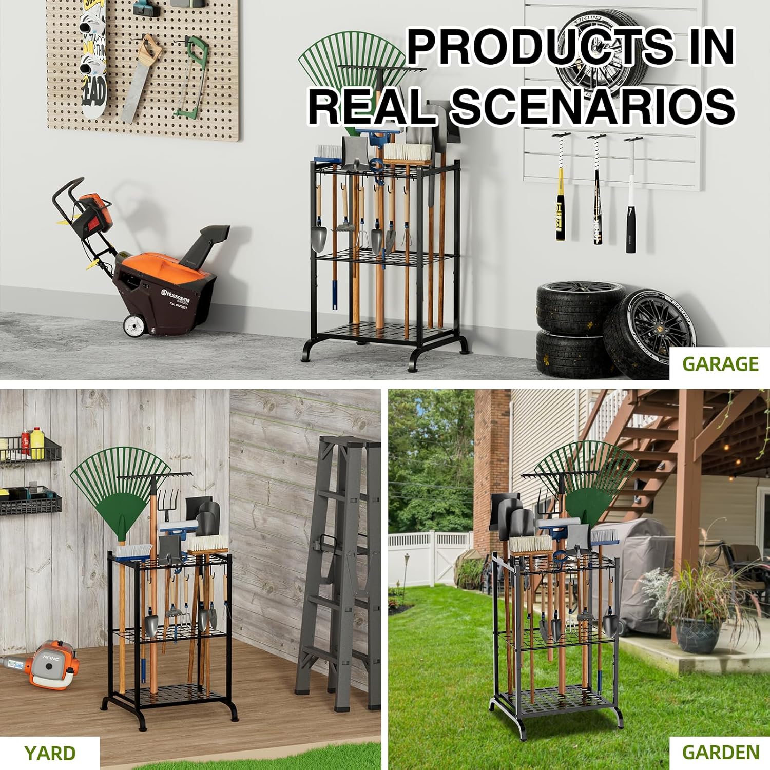 RANXFLOAT Garden Tool Organizer - Metal Tool Holder with 6 Hooks for Up to 35 Long-Handled Tools | Black