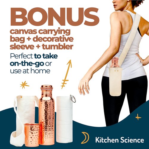 Kitchen Science- Ayurvedic 34oz Copper Water Bottle with Copper Tumbler, Bag & Sleeve – Lab-Tested, Leak-Proof