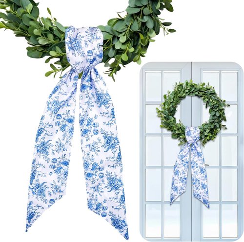 FYSUIMU Blue Flower Wreath Sash - Chinoiserie Floral Garland Ribbon for Home Decor | 2-Piece Set