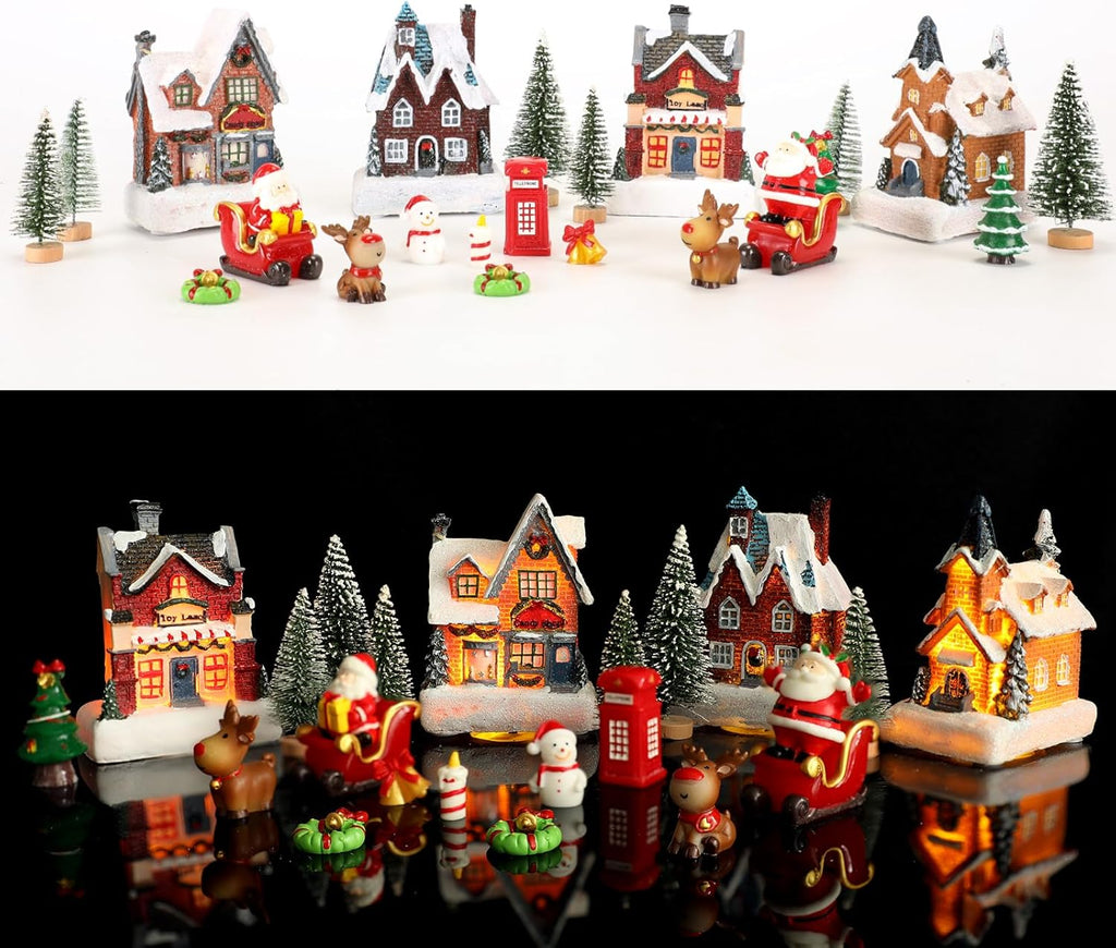 Skiennix 24-Piece Christmas Village Set - LED Light-Up Houses & Figurines for Festive Home Decor