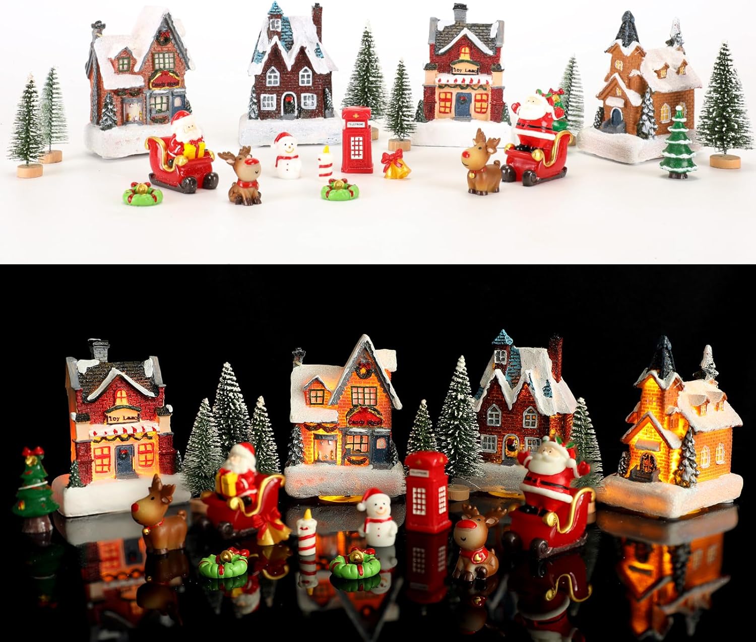 Skiennix 24-Piece Christmas Village Set - LED Light-Up Houses & Figurines for Festive Home Decor
