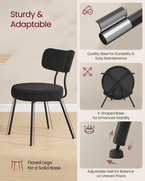 VASAGLE Boucle Dining Chairs Set of 2, Upholstered Kitchen Dining Room Chairs with Curved Backrest and Steel Frame, Modern Mid Century, Round, for Vanity, Living Room, Ink Black UKDC110B01