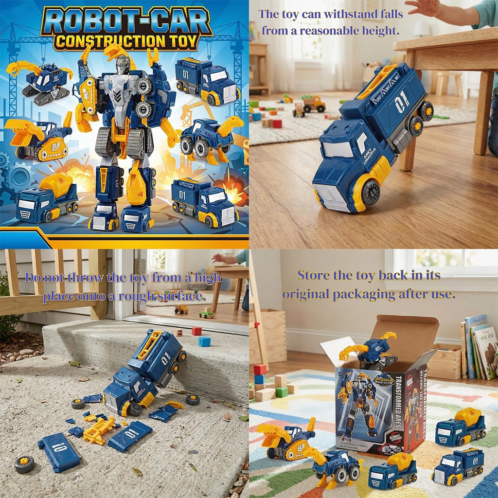 Skiennix Toddler Construction Car Transform Set - 5-Piece Dinosaur Rescue Robot with Magnetic Connectors | DIY STEM Building Trucks for Kids Ages 3-7
