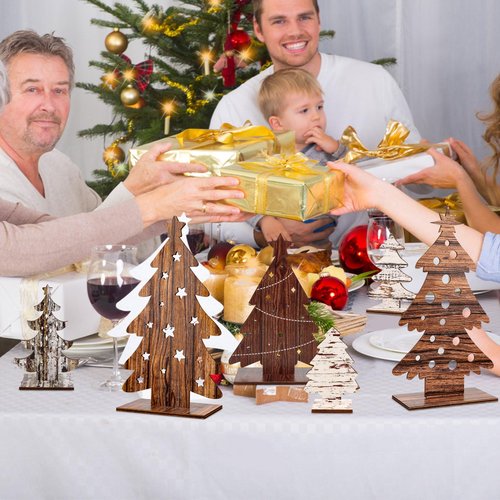Atiloy 6PCS Wooden Christmas Trees Tabletop Decor Farmhouse Christmas Decor Wooden Christmas Trees Centerpieces Table for Christmas Home Office Farmhouse Tiered Tray Decorations