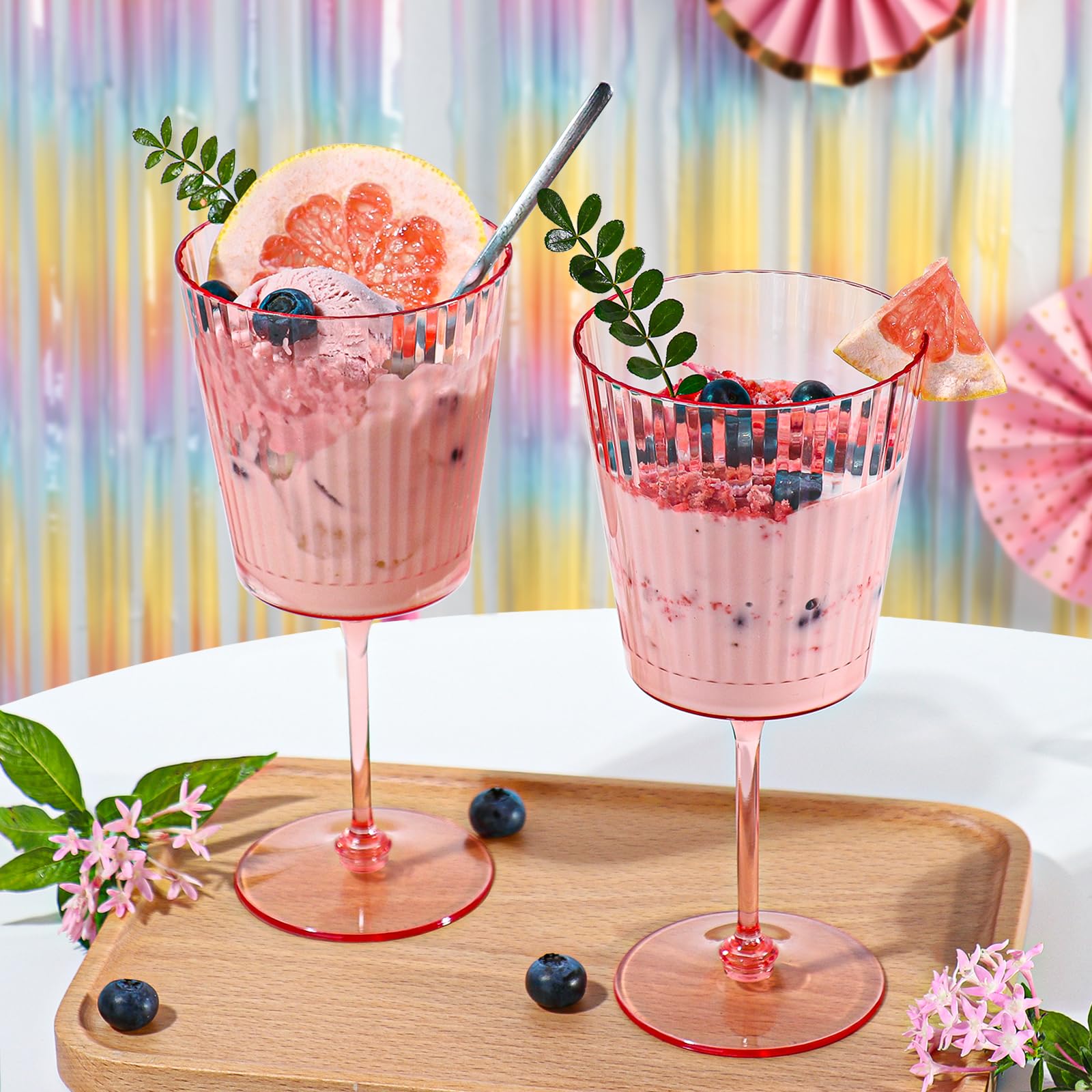 24 PCS Pink Plastic Wine Glasses with Removable Stems 13.5 OZ Ribbed Wine Glass Set Square White Wine Glasses Muted Pastel Colors Goblets Elegant Fluted Glassware for Wedding(Pink, 24 Pack)