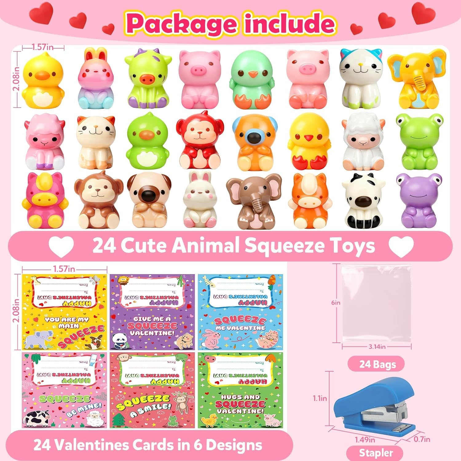 Valentines Day Cards for Kids School, 24 Pack Valentines Day Gifts for Kids, Valentines Cards with Animal Squishy Toys, Valentines Party Favors, Classroom Exchange Prizes for Boys Girls (Style 2)