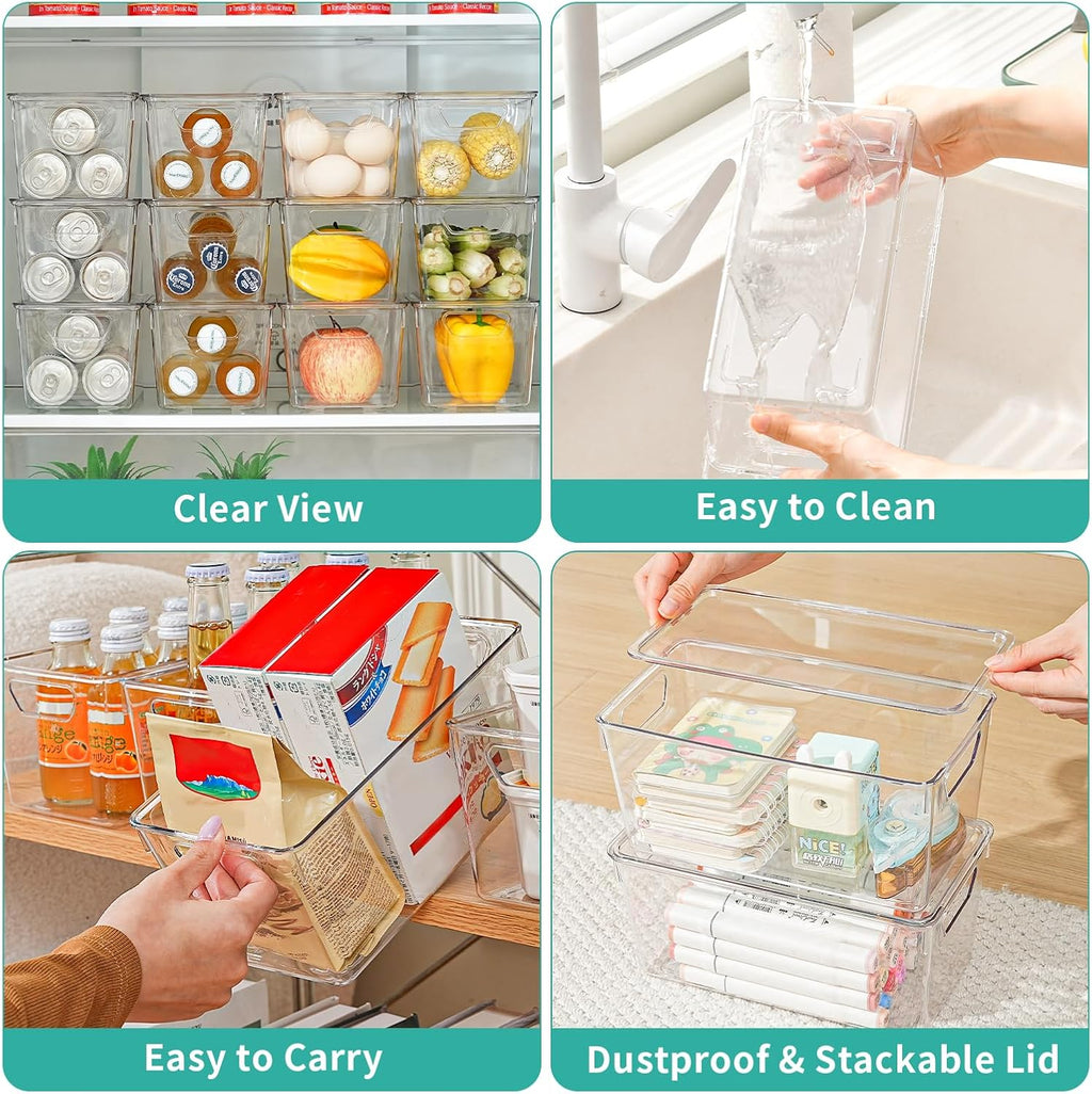 Skiennix 6 Pack Clear Storage Bins - Stackable Acrylic Craft Containers with Lids & Handles | Ideal for Kitchen & Office Organization