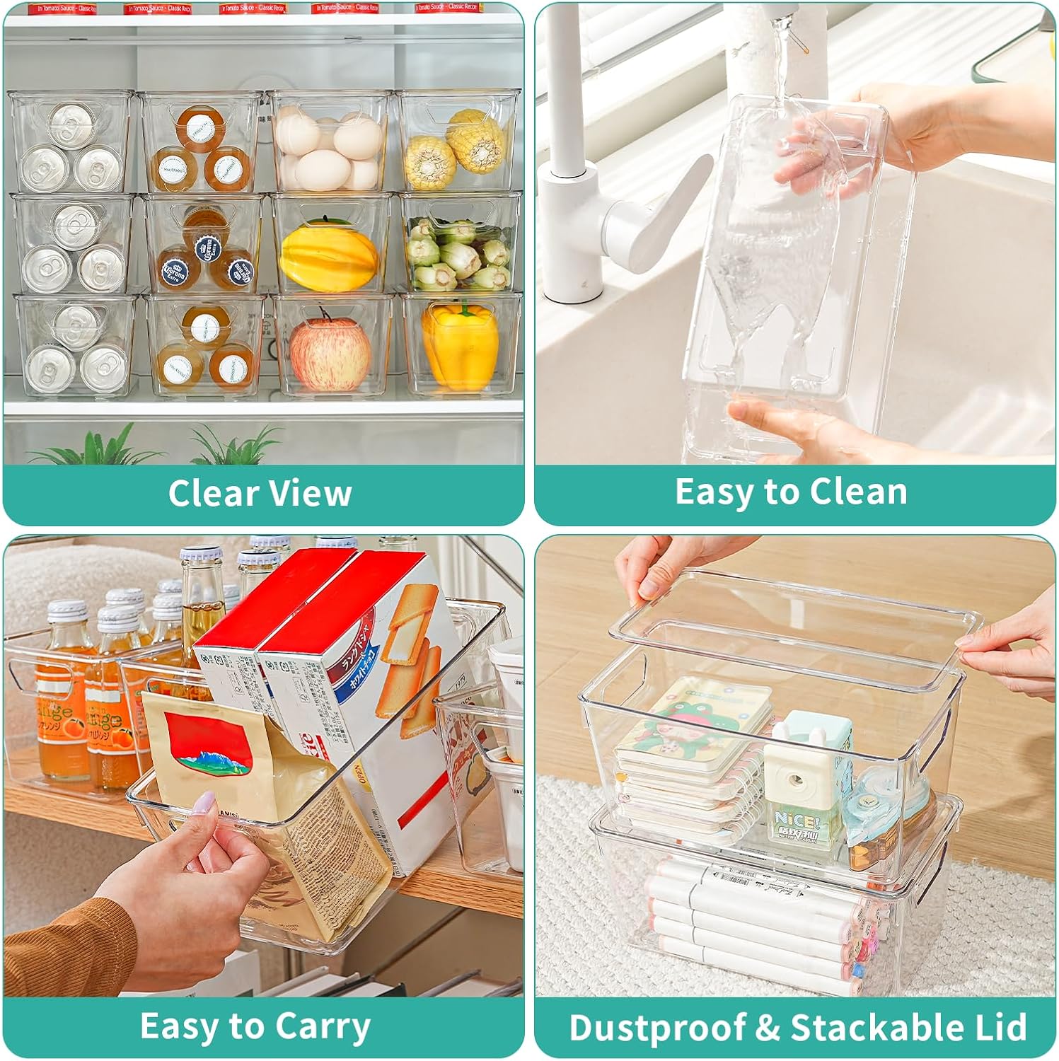 Skiennix 6 Pack Clear Storage Bins - Stackable Acrylic Craft Containers with Lids & Handles | Ideal for Kitchen & Office Organization