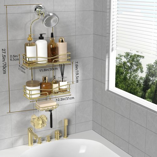 DAOYA Over the Shower Head Caddy - 3 Tier Shower Caddy Hanging, Gold Bathroom Organizer with Soap Holder & Hooks
