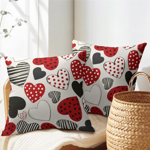 Kawani Valentines Day Pillow Covers 18x18 Inch Black and Red Heart Outdoor Decorative Throw Pillow Covers Set of 2 Valentine's Day Pillowcases Farmhouse Cushion Covers for Couch Sofa Decor