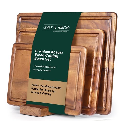 BRUSH HAVEN Salt & Birch Cutting Board - Premium Acacia Wooden Board for Easy Food Prep - Enjoy A Reliable Chopping Board Designed for Versatile Kitchen Use - Perfect for Chefs & Home Cooks- 3 Pcs Set