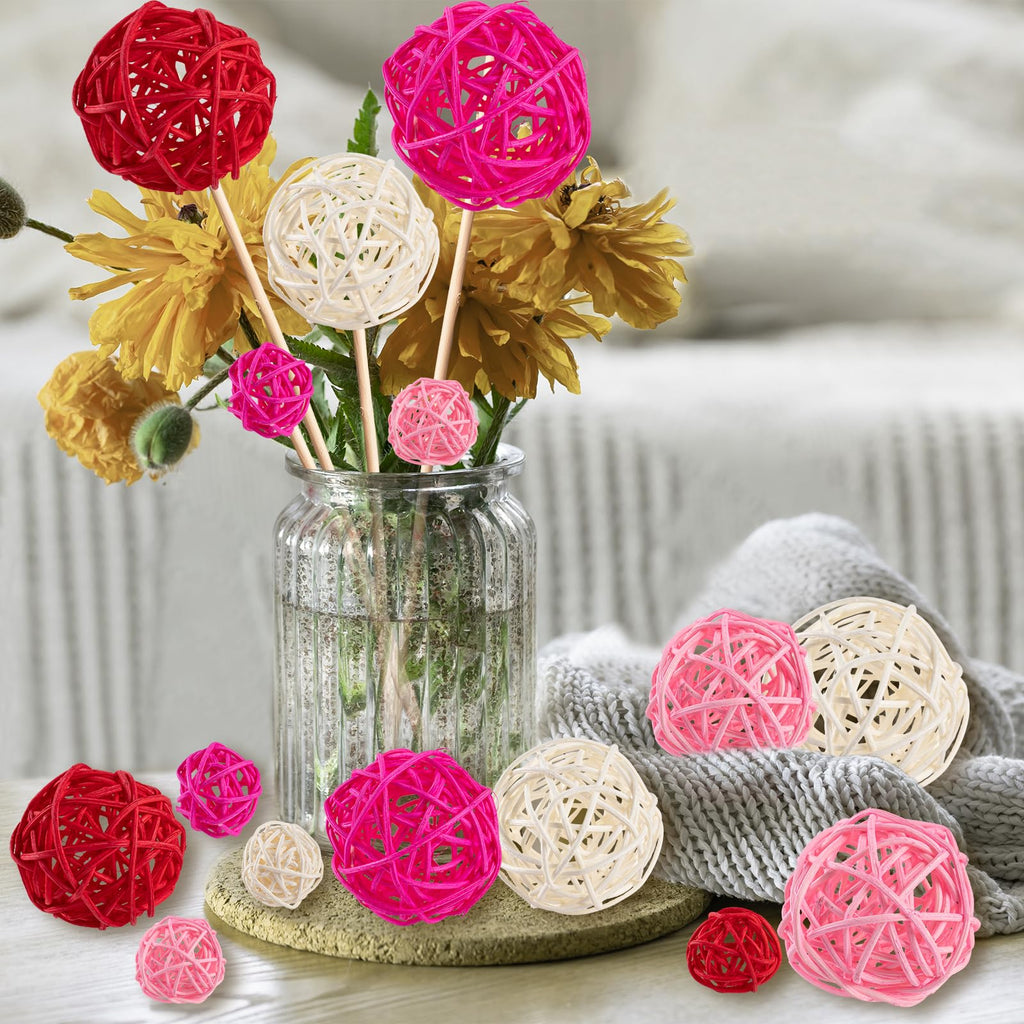 GuassLee 24Pcs Valentine's Day Decorative Rattan Balls, Pink Red Grey Wicker Balls Decorations for Valentine's Day Decor Centerpiece DIY Crafts Vase Bowl Orbs Filler Wedding Home Decor, 1.2"/2"/2.4"
