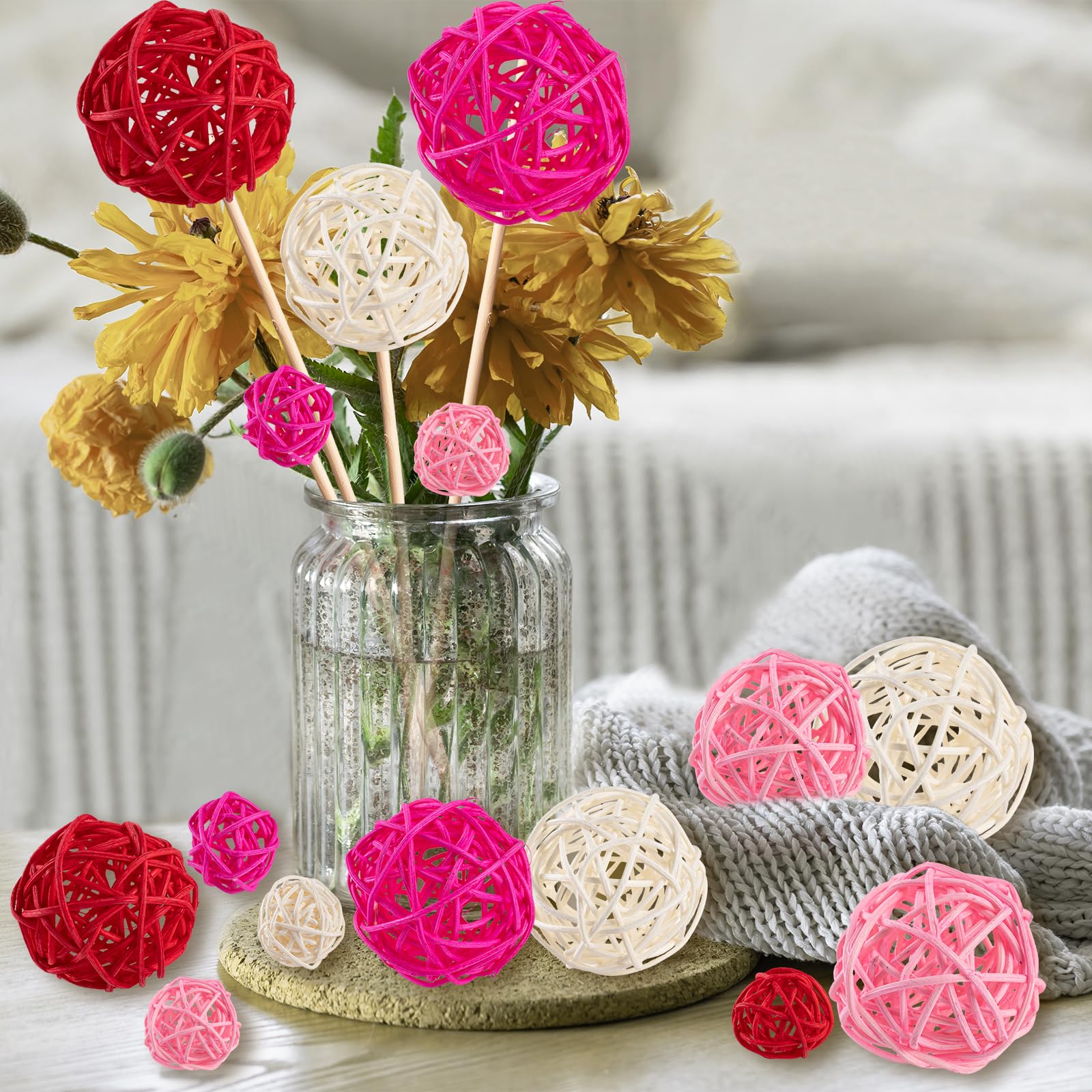 GuassLee 24Pcs Valentine's Day Decorative Rattan Balls, Pink Red Grey Wicker Balls Decorations for Valentine's Day Decor Centerpiece DIY Crafts Vase Bowl Orbs Filler Wedding Home Decor, 1.2"/2"/2.4"