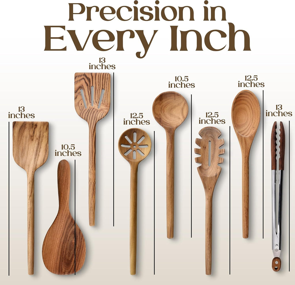 Skiennix 8-Piece Teak Wooden Cooking Spoons Set - Smooth Sanded Utensils with Comfortable Grip Handles