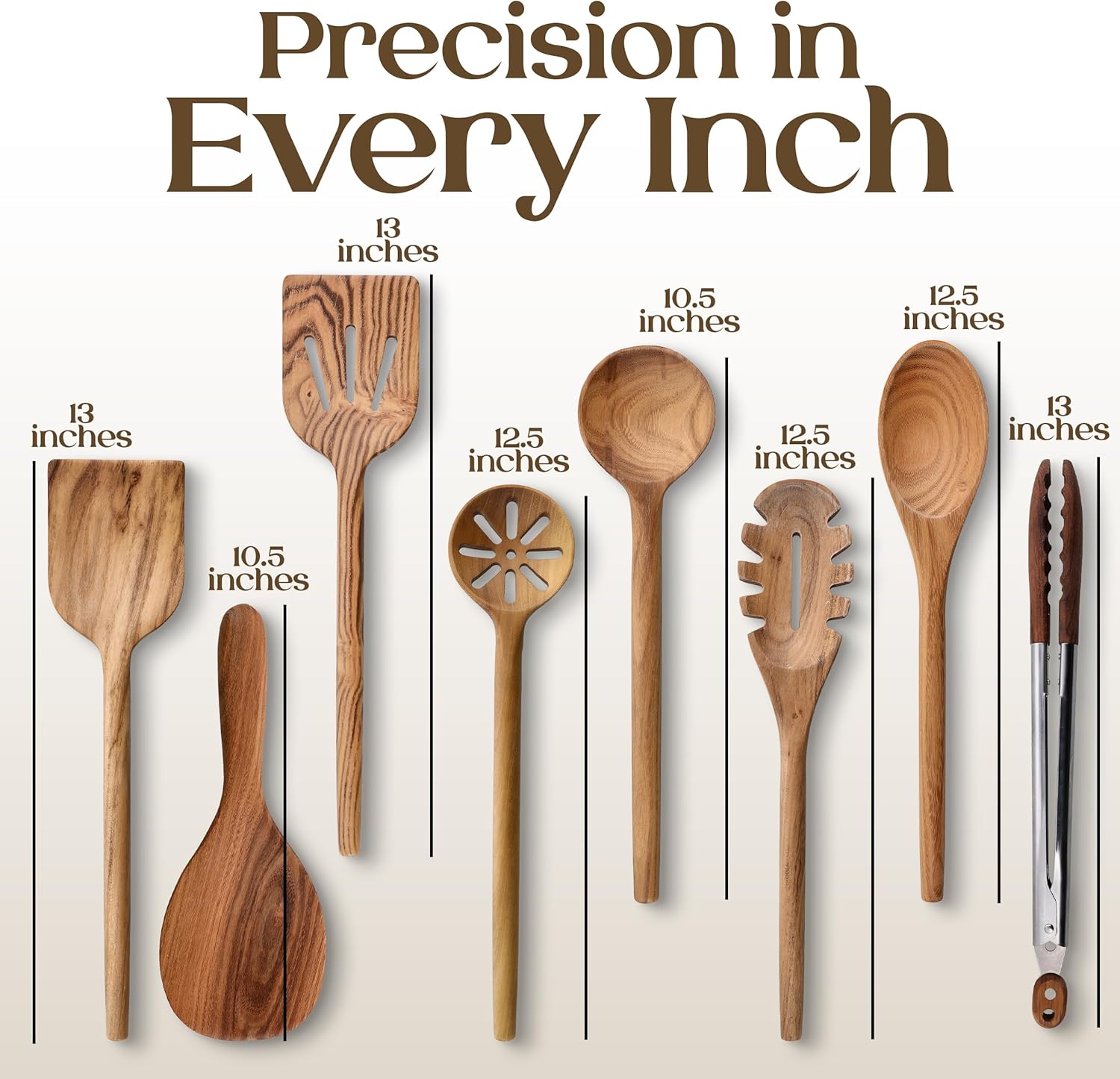 Skiennix 8-Piece Teak Wooden Cooking Spoons Set - Smooth Sanded Utensils with Comfortable Grip Handles