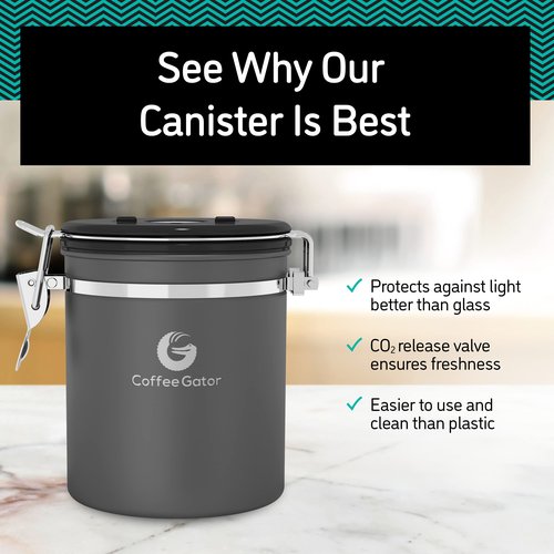 Coffee Gator Coffee Canister, 2pack 22oz Airtight Stainless Steel Kitchen Food Storage Container with Date Tracker, Scoop for Sugar, Grounds, Beans,Tea, Cereal, Flour, Cookies Jars - Gray&Silver