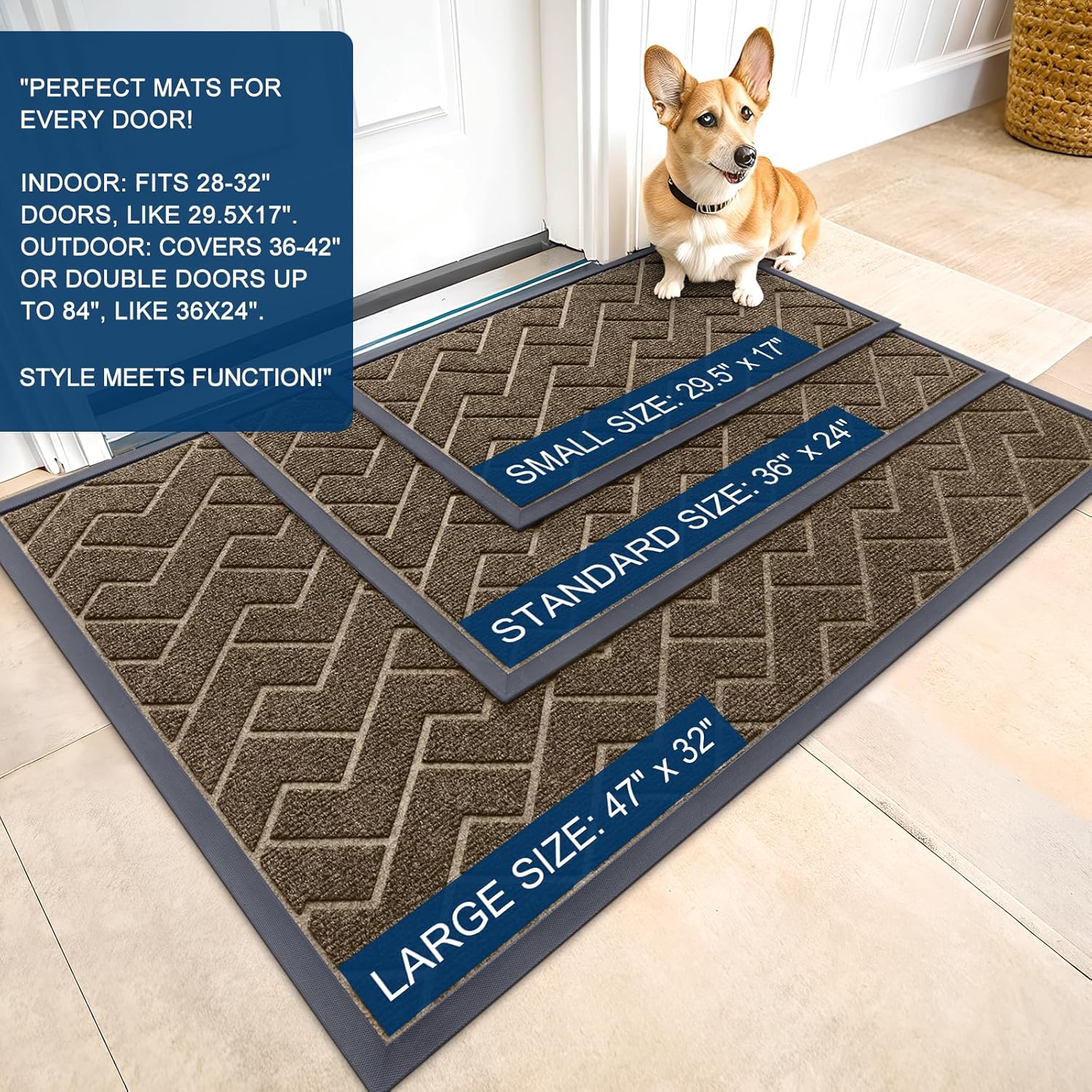 OLANLY Waterproof Front Door Mat - All-Season Indoor/Outdoor Doormat, Sturdy Natural Rubber, Herringbone Brick (Brown, 71x23)