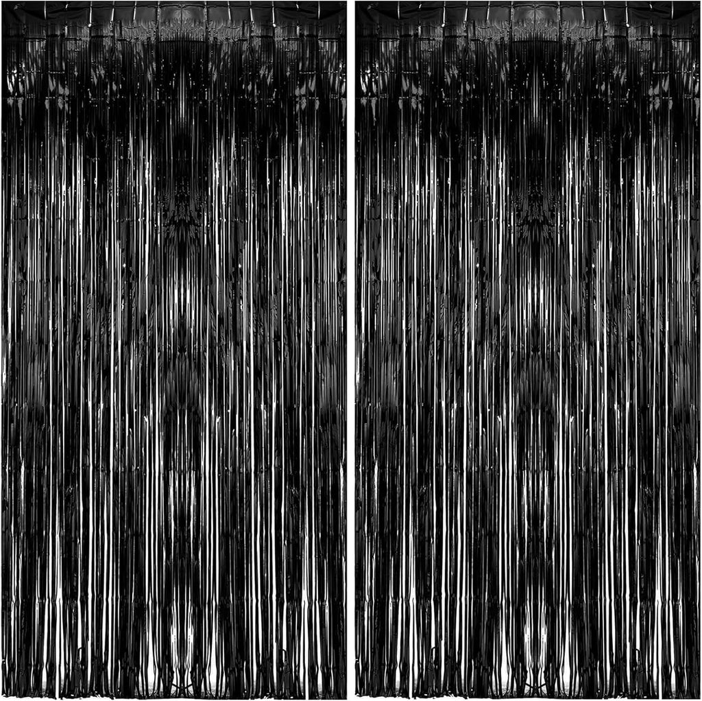 Skiennix Foil Curtain Backdrop - Black Metallic Tinsel Fringe for Photo Booth | 2 Pack Party Decorations