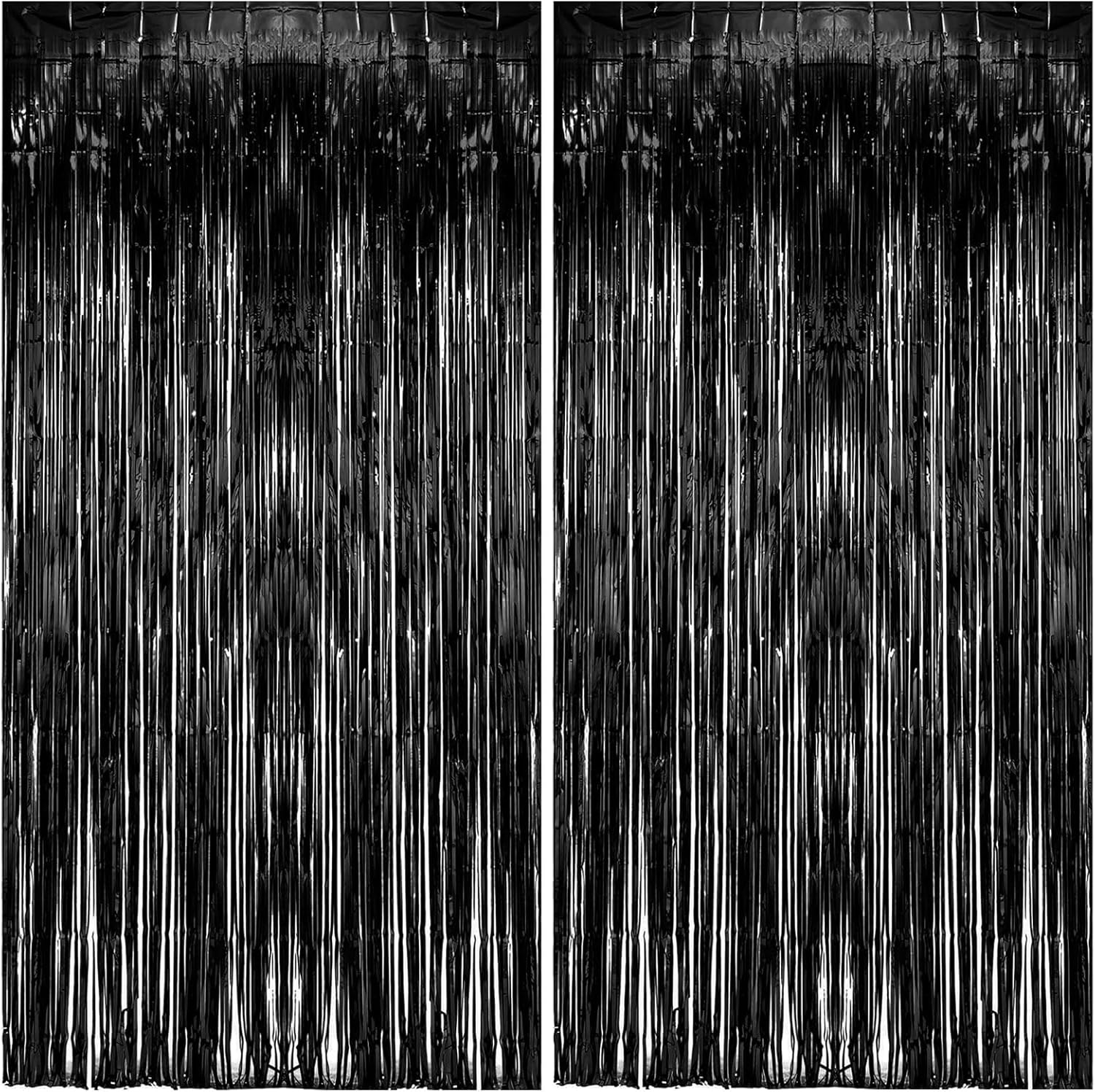 Skiennix Foil Curtain Backdrop - Black Metallic Tinsel Fringe for Photo Booth | 2 Pack Party Decorations