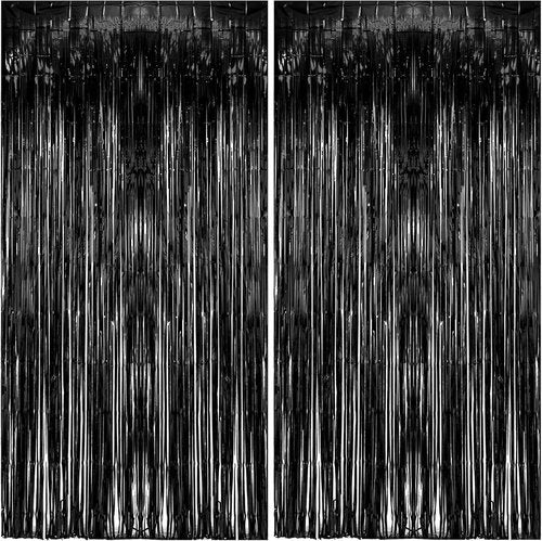 Foil Curtain Backdrop by [Brand Name] - Black Metallic Tinsel Fringe | 2 Pack for Parties & Celebrations