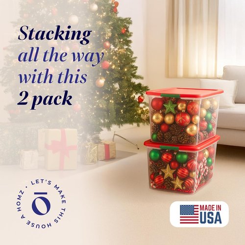 HOMZ 64 Quart Clear Plastic Storage Organizer Bins - Stackable Containers with Secure Latch & Red Lid