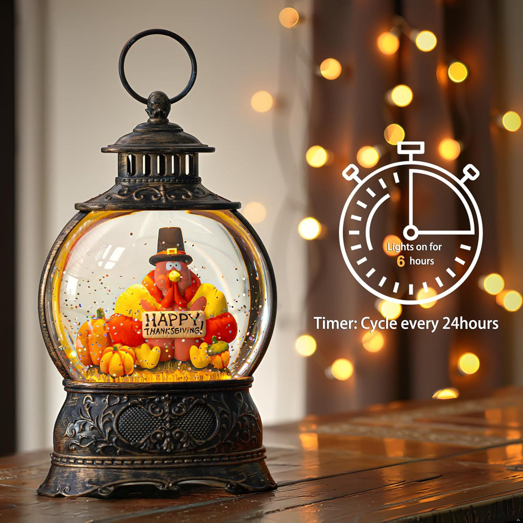 Regine Switzerland Snow Globe - Swirling Glitter Thanksgiving Lantern | Autumn Harvest Decor (Turkey & Pumpkins)