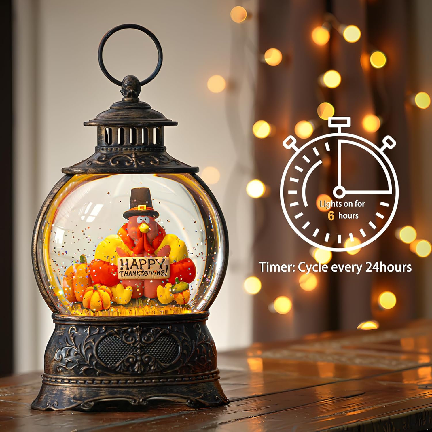 Regine Switzerland Snow Globe - Swirling Glitter Thanksgiving Lantern | Autumn Harvest Decor (Turkey & Pumpkins)