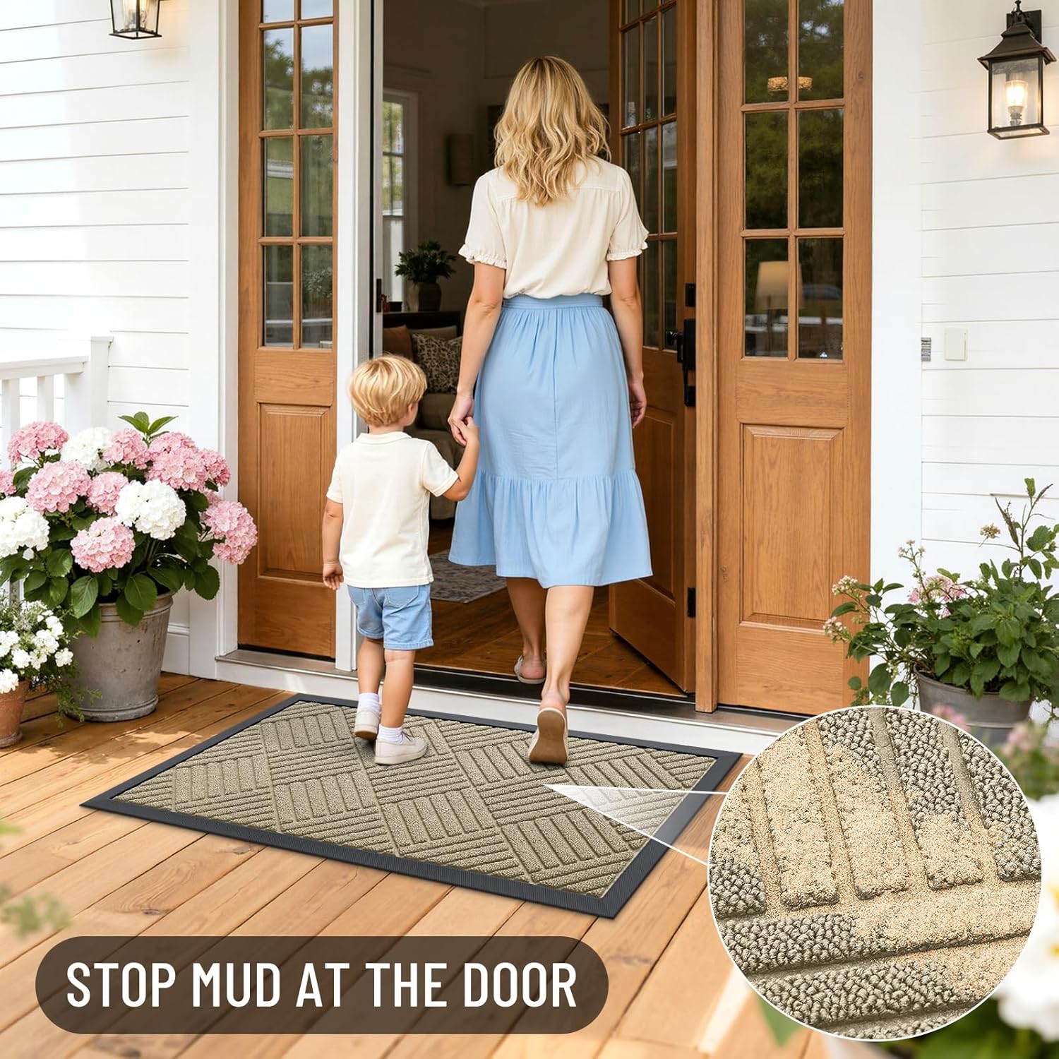OLANLY Heavy-Duty Front Door Mat - Absorbent Natural Rubber, Non-Slip, 47x32, Beige Diamond Design