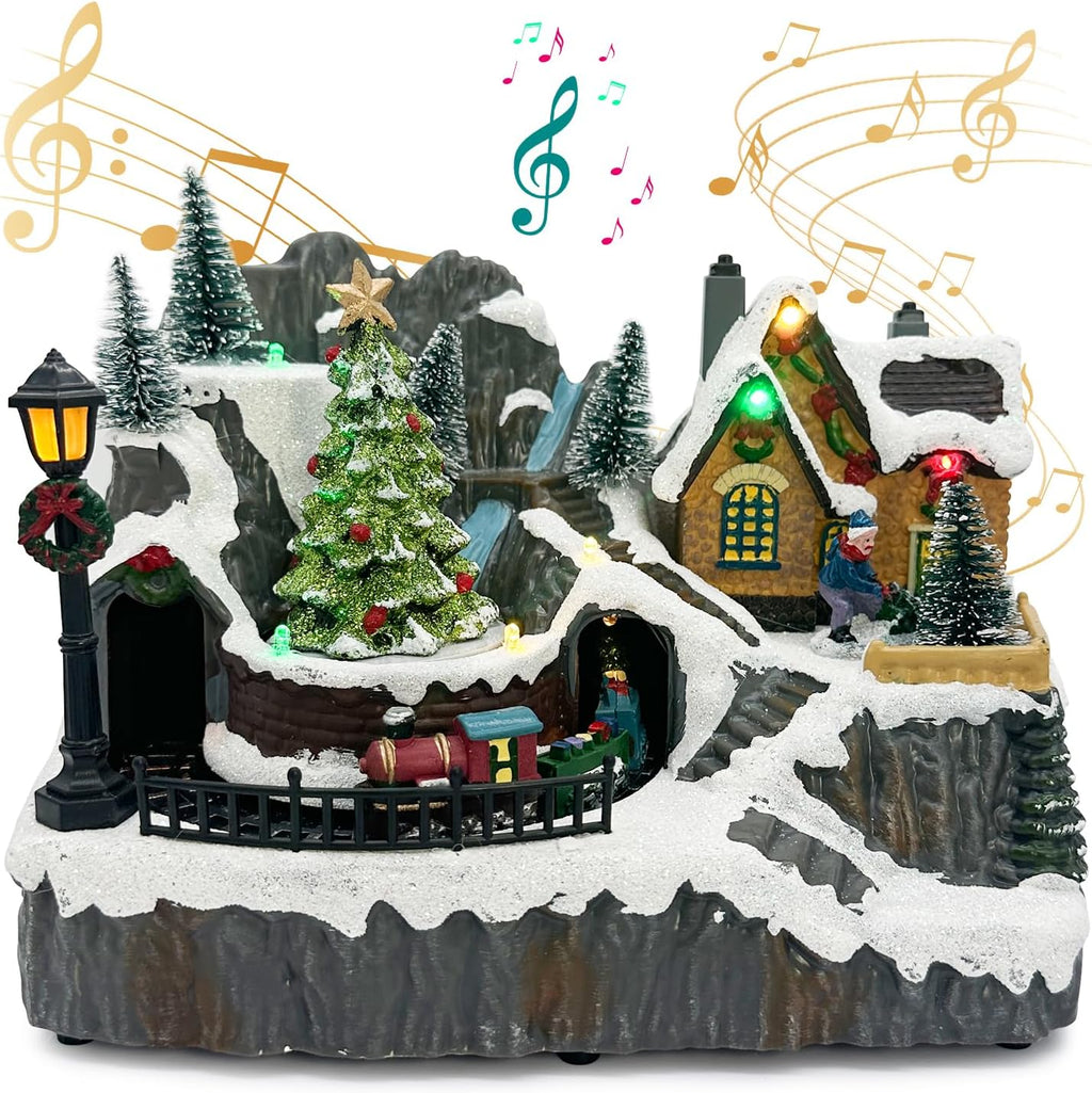 Tarocynn Christmas Village House Figurine - Musical Light-Up Display with Moving Tree & Train