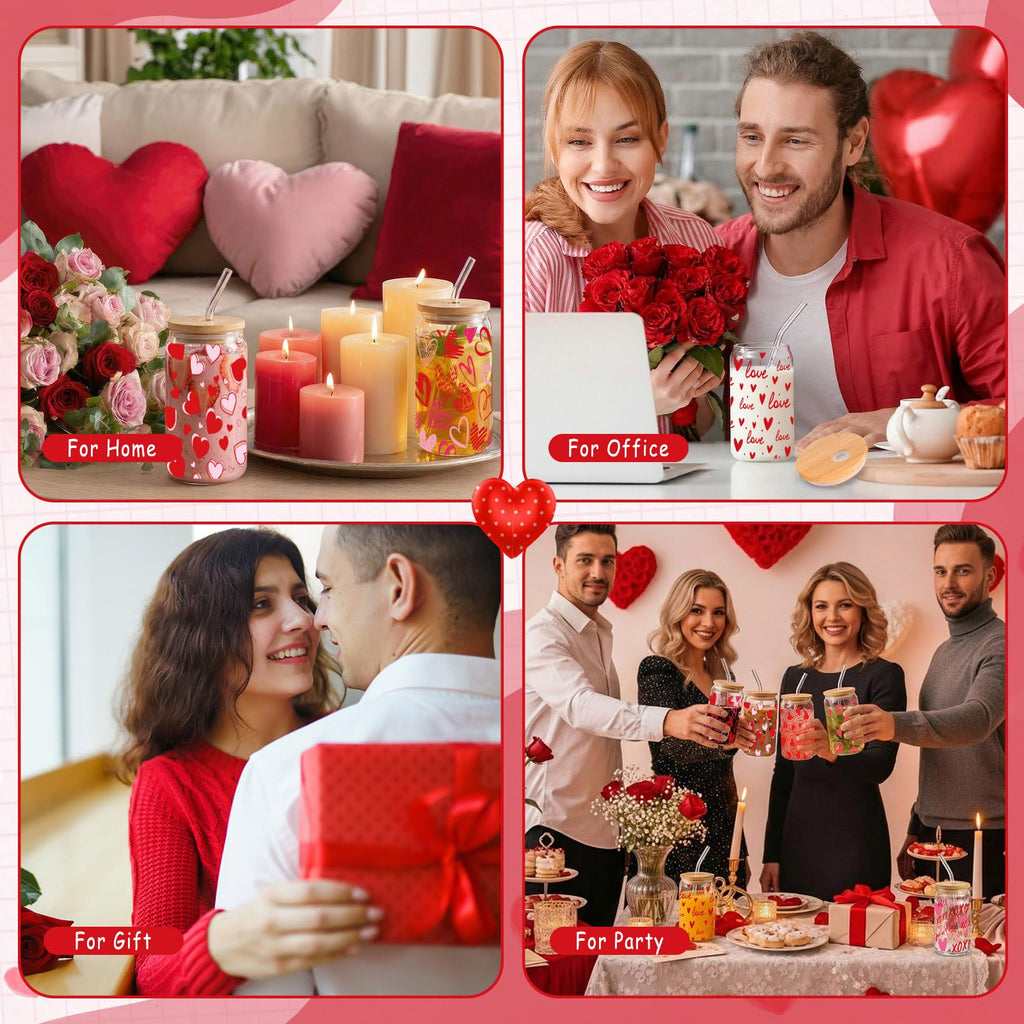 Qinyoung 6 Pcs Valentine's Day Glass Cups with Bamboo Lids and Glass Straws, 16 oz Red Heart Drinking Glasses Set, Reusable Love Iced Coffee Glasses for Galentine's Party Romantic Gifts (Valentines)