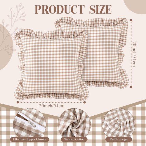 Kathfly 2 Pcs Taupe/White Plaid Ruffle Throw Pillow Covers Farmhouse Checkered 20'' x 20'' Washed Cotton Pillowcases Couch Gingham Pillow Shams for Living Room Bed, No Inserts