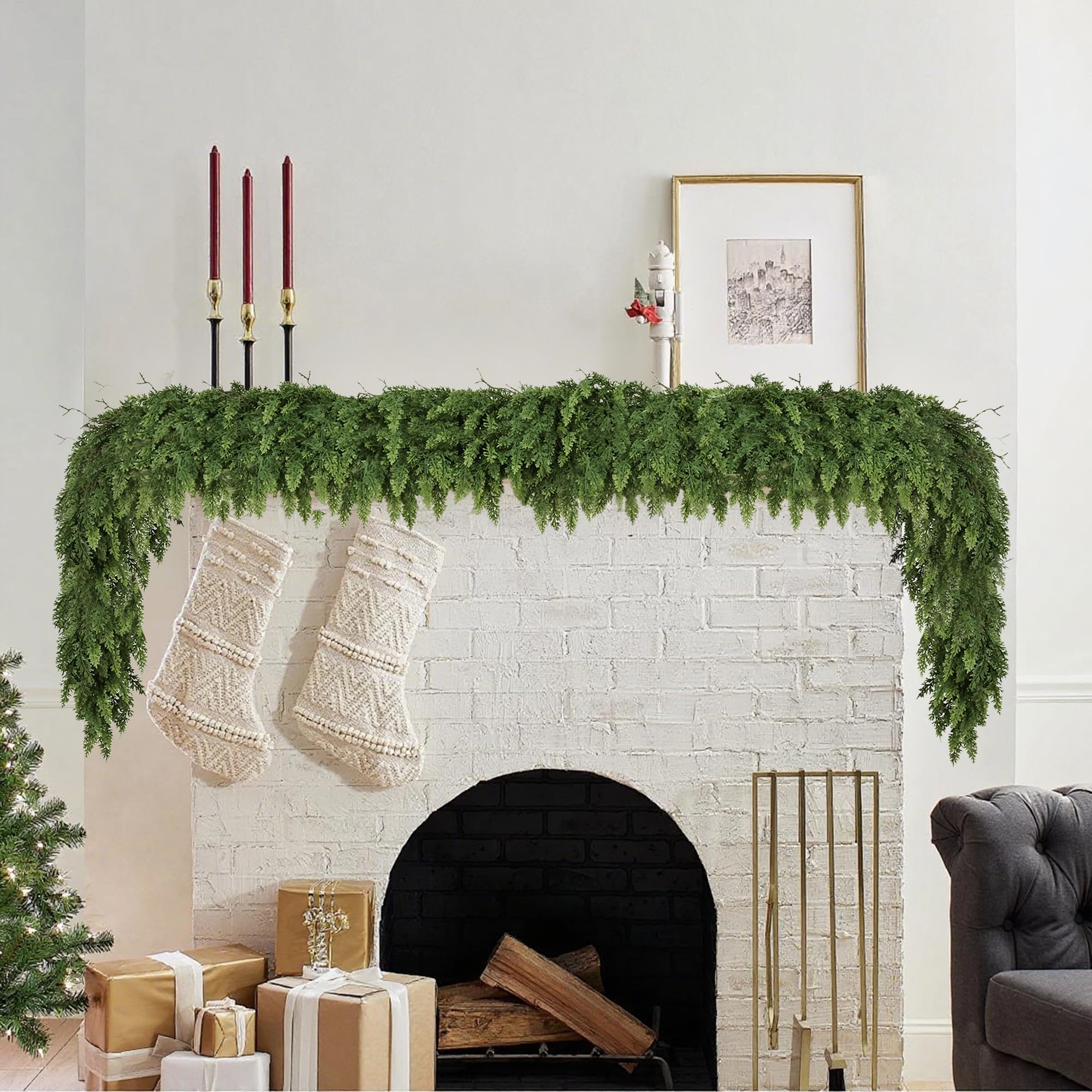 MDSTBN 6ft Christmas Garland Realistic Soft and Thickness Green Faux Cedar Pine Garland Artificial Cedar Cypress Garland for Home Fireplace Wall Indoor Outdoor Holiday Party Home Decoration