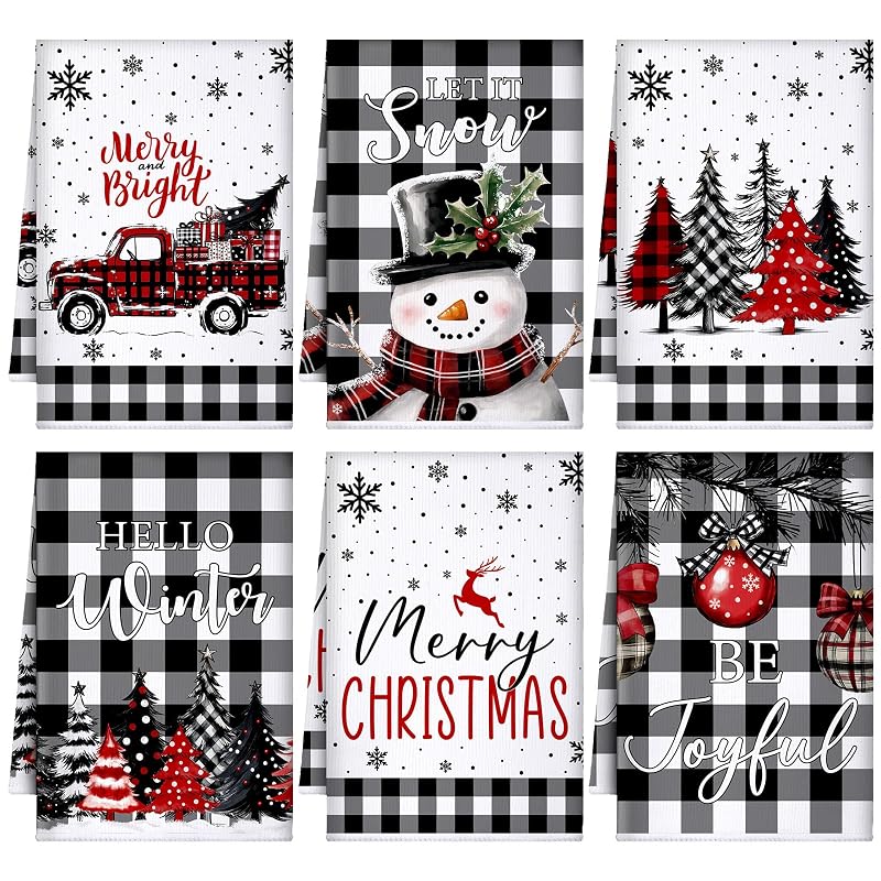 6 Pcs Christmas Kitchen Towels - Black & White Plaid, 16x24 in, 6-Pack (Variation: Black and White)