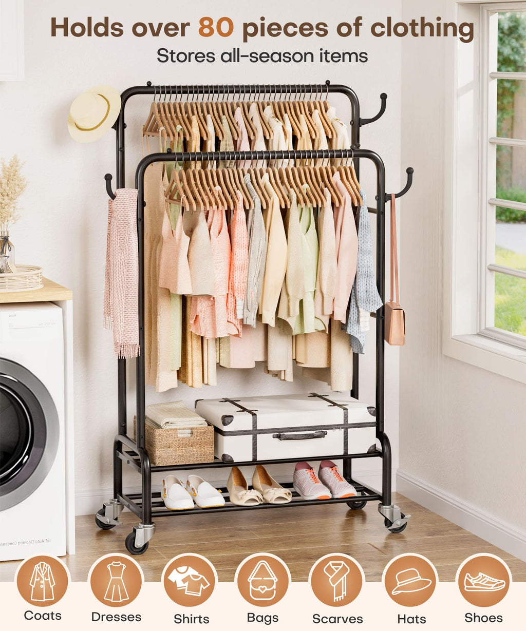 Homde Heavy Duty Clothes Rack: 265lb Rolling Double Rod Garment Hanging - Metal Coat Organizer Storage Display Shelf on Wheels for Bedroom Laundry