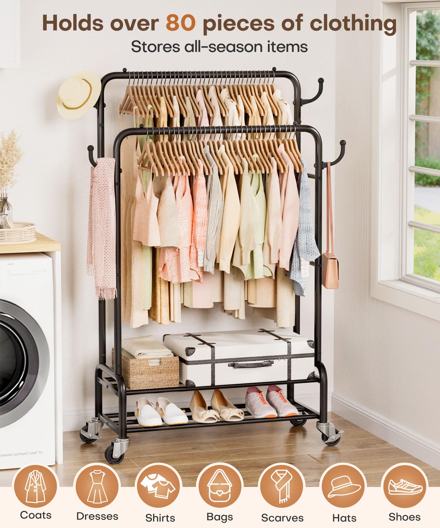 Homde Heavy Duty Clothes Rack: 265lb Rolling Double Rod Garment Hanging - Metal Coat Organizer Storage Display Shelf on Wheels for Bedroom Laundry