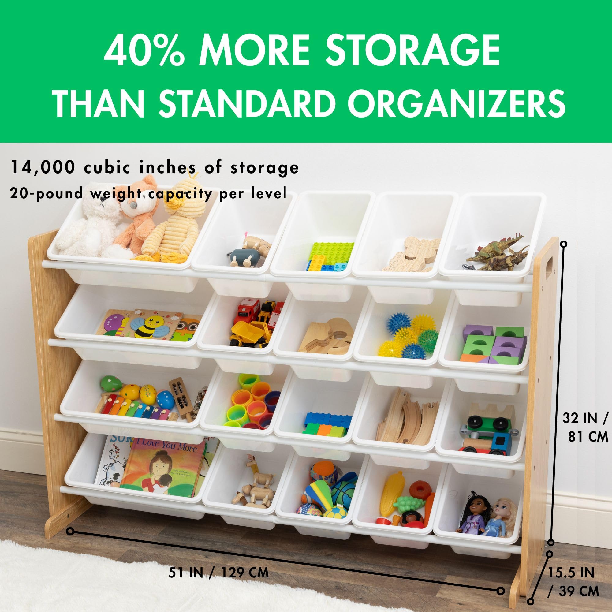 Humble Crew Toy Storage Organizer with 20 Removable Storage Bins for Kids Playroom, 4-Tier Toddler Toy Organization and Storage, Natural/White