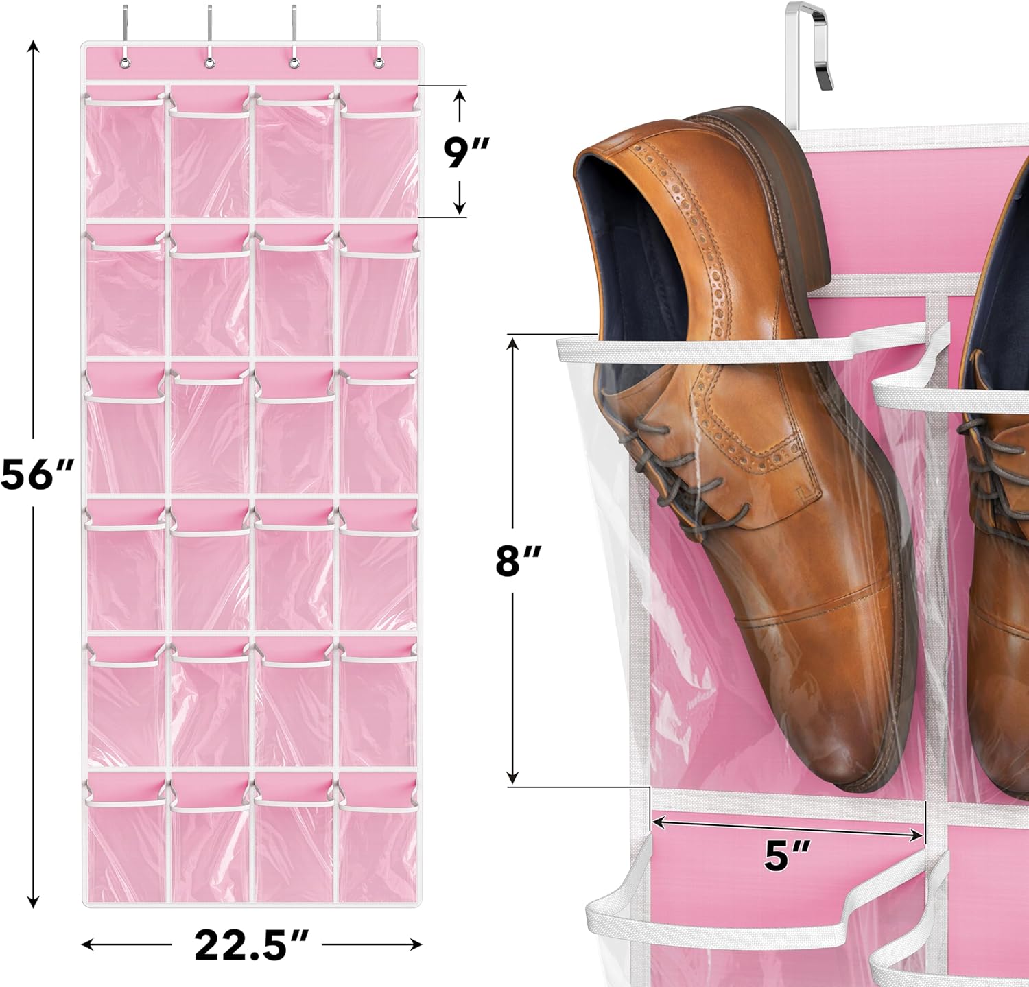 Simple Houseware Over The Door Hanging Shoe Organizer - 24 Clear Pockets, Pink (56" x 22.5")