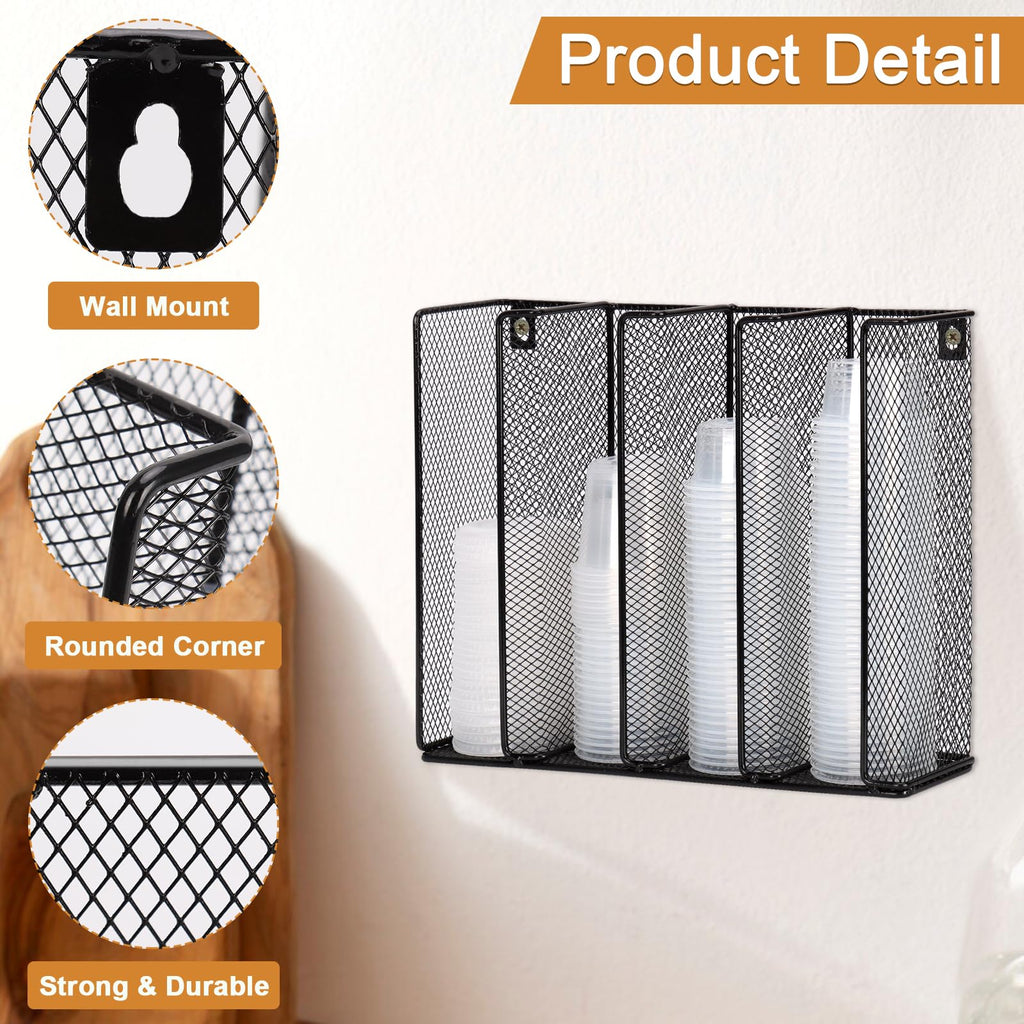Wall Mount Portion Sauce Cup Lid Organizer 4 Compartments Iron Sauce Cup Dispenser Black Cup and Lid Holder Organizer Fits Cups Size 2 to 5.5 oz For Kitchen Counter Restaurant Coffee Bar 13x10x3.3 In