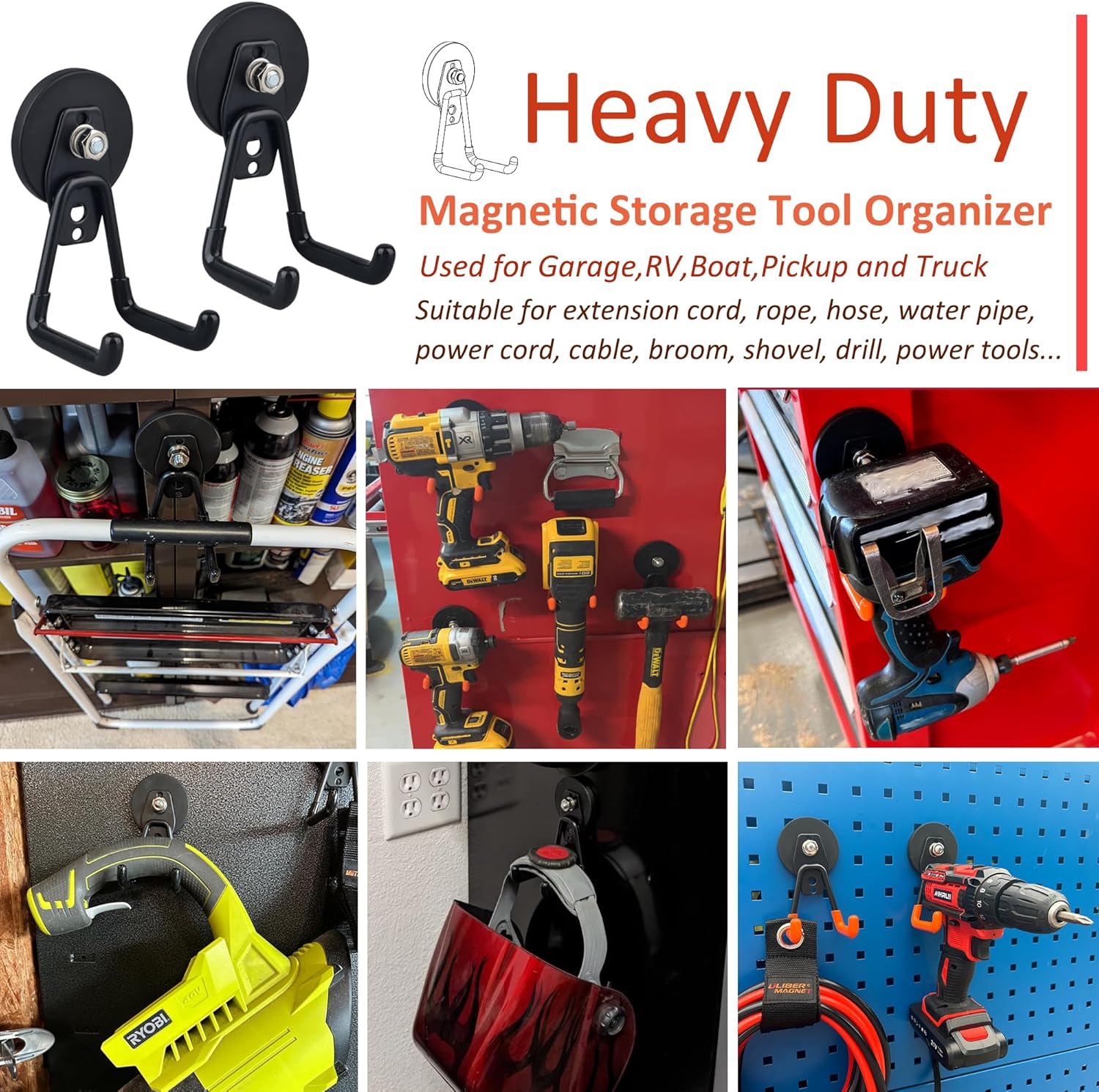 ULIBERMAGNET Heavy Duty Magnetic Garage Hooks - 4 Pack Strong Hooks for Tools & Storage | Black