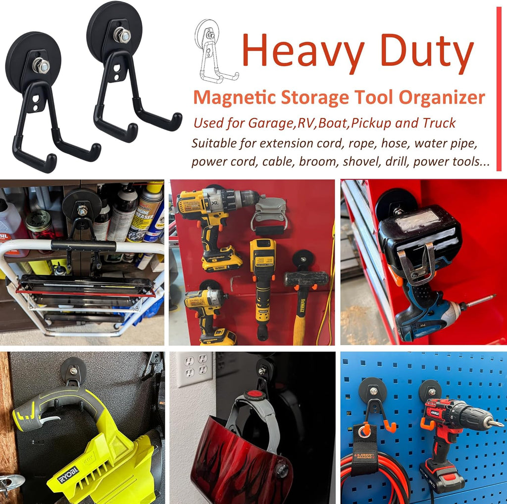 ULIBERMAGNET Heavy-Duty Magnetic Hooks - Strong Storage Solution for Tools & Garage | 2 Pack (Black)