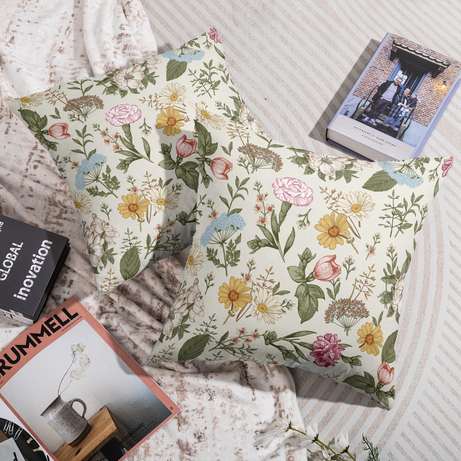 Spring Floral Pillow Covers 18X18 Set of 2, Botanical Print Green Flower Plant Pattern Decorative Throw Pillowcases Outdoor Farmhouse Seasonal Cushion Cases Couch Sofa Bed Decor
