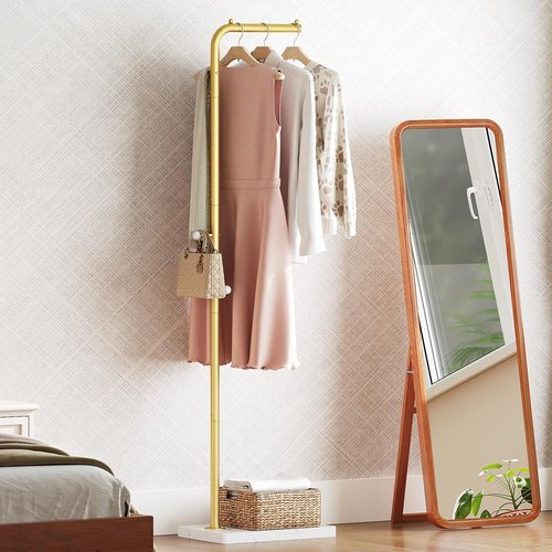 YATINEY L Shaped Glod Coat Rack, Metal Coat Tree, Modern Clothes Rack with 3 Hooks and Thickened Base, Floor Standing Coat Hanger Stand, for Entryway, Living Room, Cloakroom, Gold and White YM01DWY1