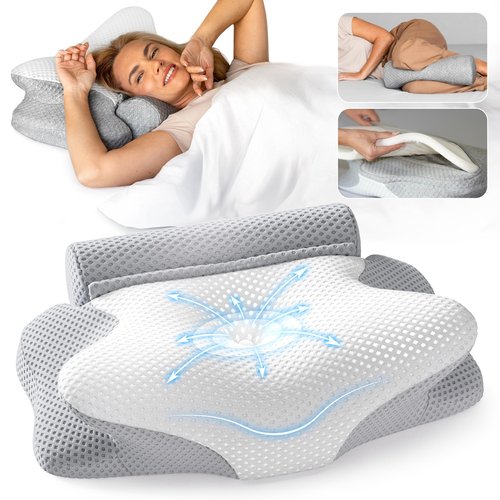 3-in-1 Orthopedic Pillow, Cervical Neck Pillow for Sleeping, Adjustable Height Memory Foam Neck Pillow and Detachable Roll, Contour Pillow for Neck Pain Relief for All Sleeping Positions (White)