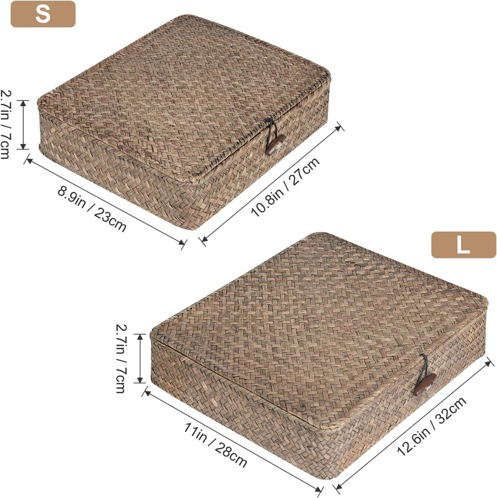 Seagrass Storage Bins Set of 2 - Woven Organizing Baskets with Lids for Home & Office (Coffee)