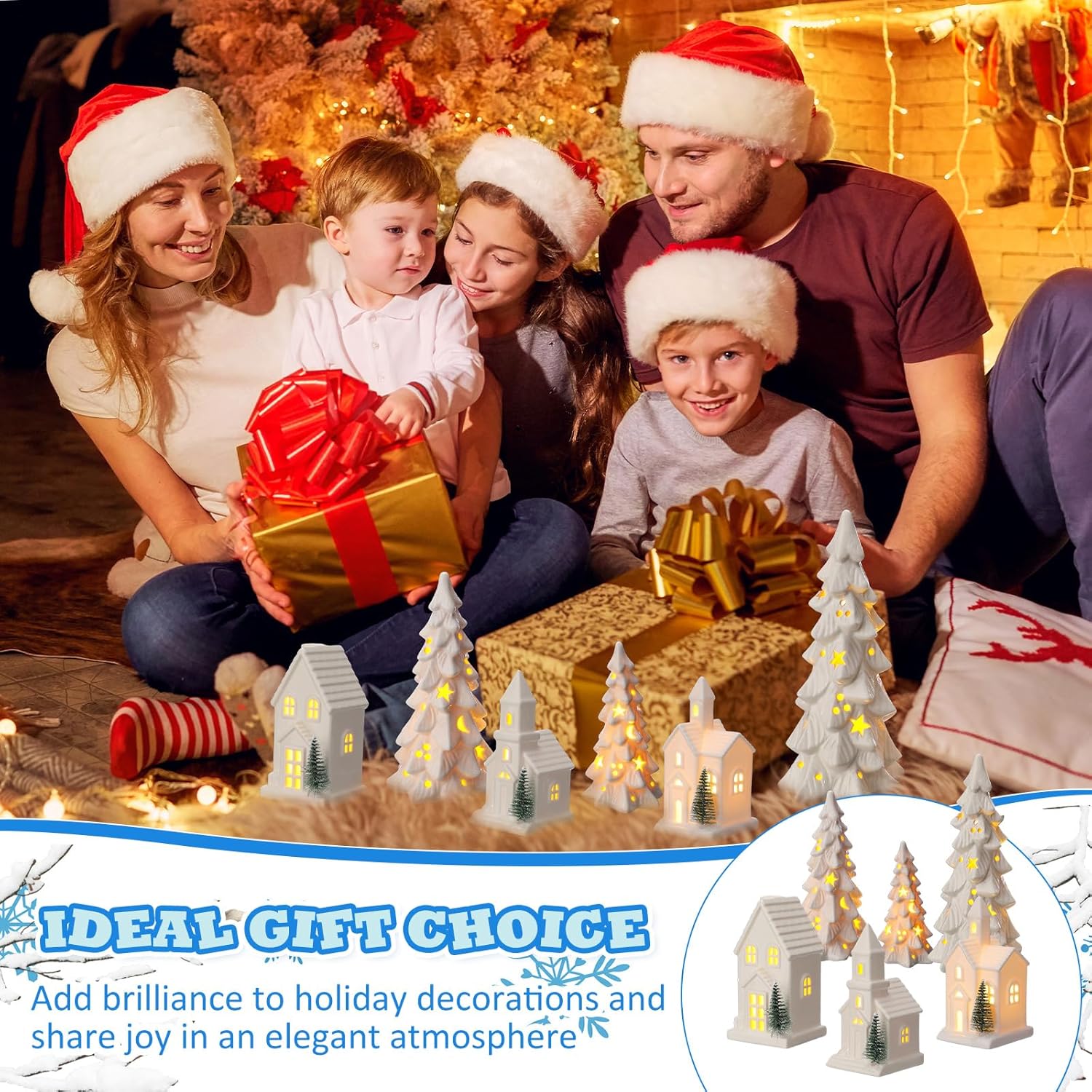 Nuogo Light Up Ceramic Christmas Trees Set - 6 Pcs White Porcelain with LED Lights & Glitter Snow for Holiday Decor
