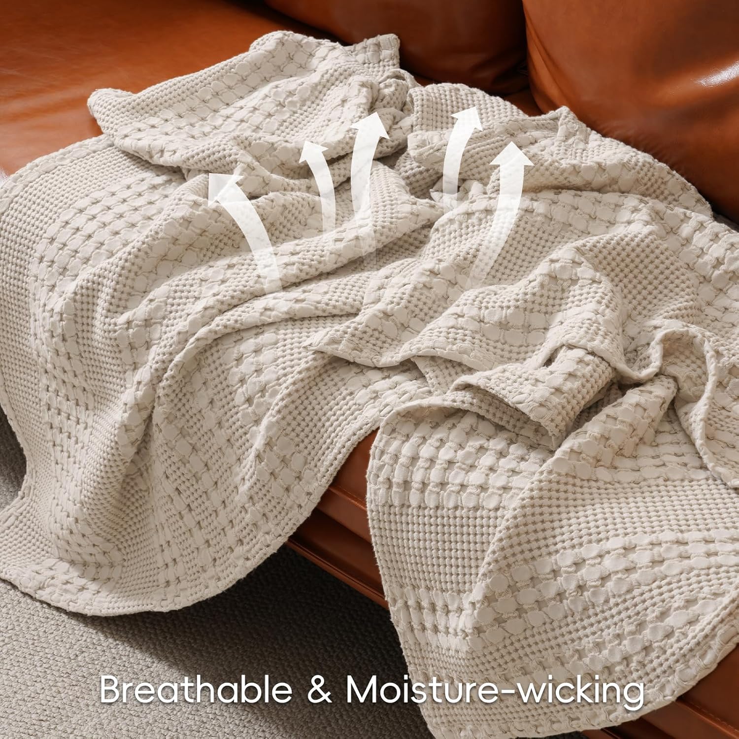 PHF 100% Cotton Waffle Weave Blanket - Soft, Lightweight & Breathable Queen Size | Luxury Home Decor, 90"x90", Light Taupe/Oatmeal