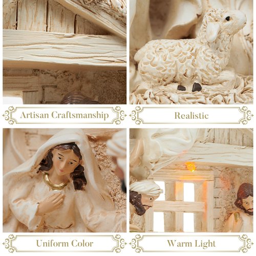 Valery Madelyn Christmas Nativity Figurines with LED Lights, Large White Gold Holy Family Nativity Scenes Resin Manger for Xmas Indoor Home Table Fireplace Holiday Decorations, 10.6 Inch Tall